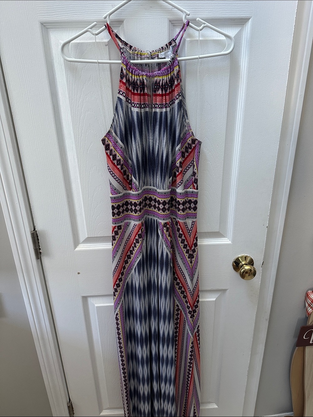 London Times Navy, Coral and Purple Printed Halter Maxi Dress